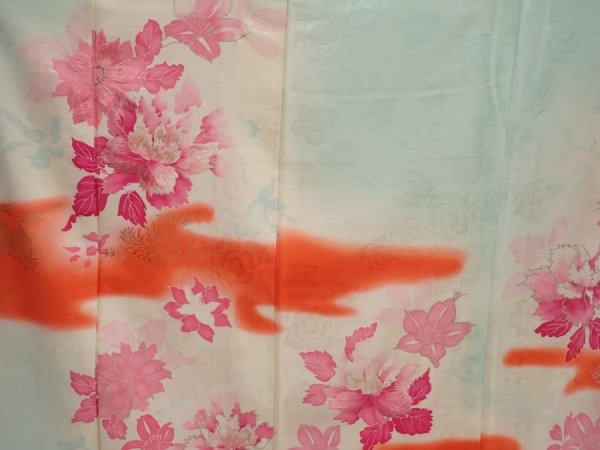 Photo8: 6722T10z920 Vintage Japanese Kimono Silk FURISODE Peony Light blue (8)