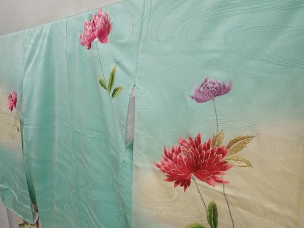 Photo2: 6722T11z1040 Vintage Japanese Kimono Silk FURISODE Chrysanthemum Mint green (2)