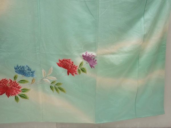 Photo7: 6722T11z1040 Vintage Japanese Kimono Silk FURISODE Chrysanthemum Mint green (7)