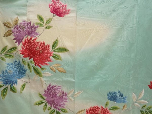 Photo8: 6722T11z1040 Vintage Japanese Kimono Silk FURISODE Chrysanthemum Mint green (8)