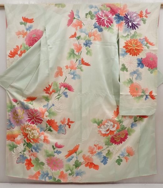 Photo1: 6722T12z940 Vintage Japanese Kimono Silk FURISODE Chrysanthemum Soft green (1)