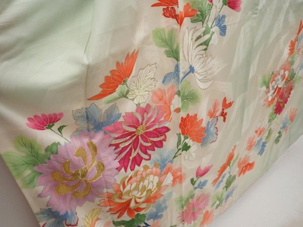 Photo3: 6722T12z940 Vintage Japanese Kimono Silk FURISODE Chrysanthemum Soft green (3)