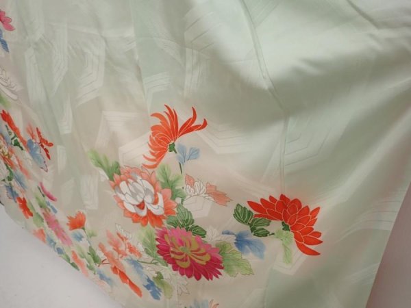 Photo4: 6722T12z940 Vintage Japanese Kimono Silk FURISODE Chrysanthemum Soft green (4)