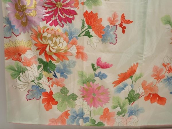 Photo6: 6722T12z940 Vintage Japanese Kimono Silk FURISODE Chrysanthemum Soft green (6)