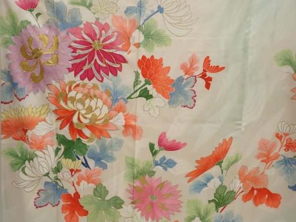 Photo8: 6722T12z940 Vintage Japanese Kimono Silk FURISODE Chrysanthemum Soft green (8)