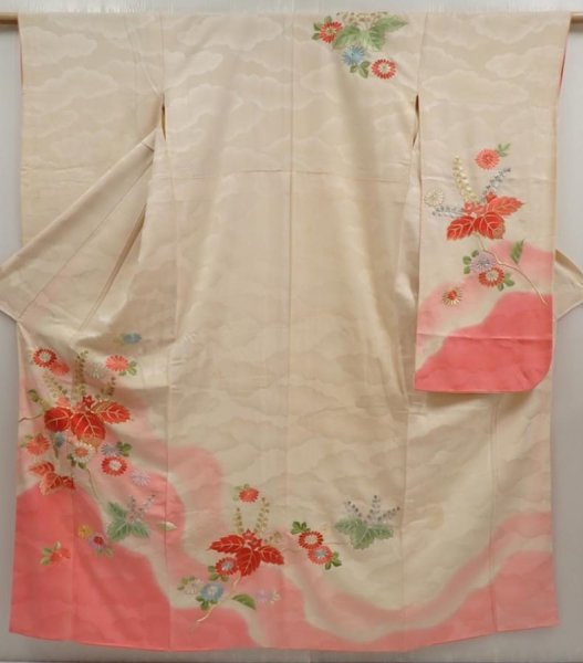 Photo1: 6722T13z1020 Vintage Japanese Kimono Silk FURISODE Paulownia Light peach (1)