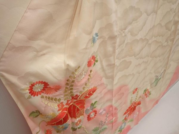Photo3: 6722T13z1020 Vintage Japanese Kimono Silk FURISODE Paulownia Light peach (3)