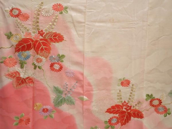 Photo8: 6722T13z1020 Vintage Japanese Kimono Silk FURISODE Paulownia Light peach (8)