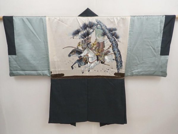 Photo1: 6723T01z510 Vintage Japanese Kimono Silk Men's HAORI Samurai Dark cyan (1)