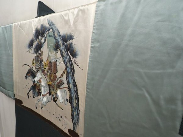 Photo3: 6723T01z510 Vintage Japanese Kimono Silk Men's HAORI Samurai Dark cyan (3)