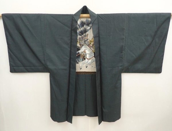 Photo6: 6723T01z510 Vintage Japanese Kimono Silk Men's HAORI Samurai Dark cyan (6)