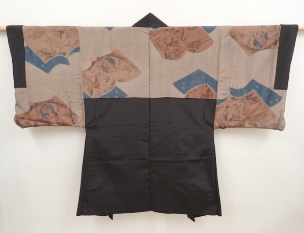 Photo1: 6723T02z530 Vintage Japanese Kimono Silk Men's HAORI Booklet Dark brown (1)