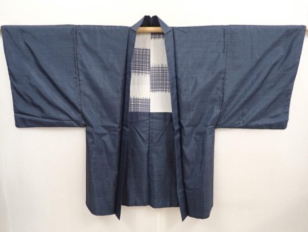 Photo1: 6723T03z490 Vintage Japanese Kimono Silk Men's OSHIMA HAORI  Blue-Gray (1)