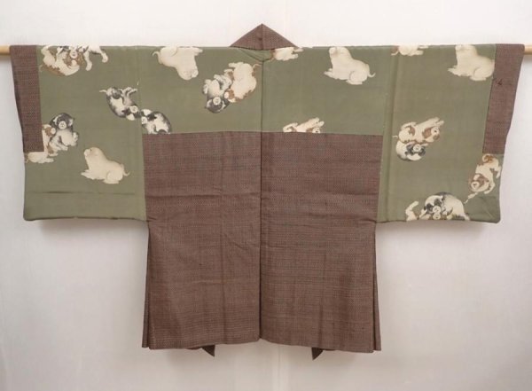 Photo1: 6723T04z410 Vintage Japanese Kimono Silk Men's HAORI Dog Light brown (1)
