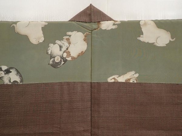 Photo2: 6723T04z410 Vintage Japanese Kimono Silk Men's HAORI Dog Light brown (2)