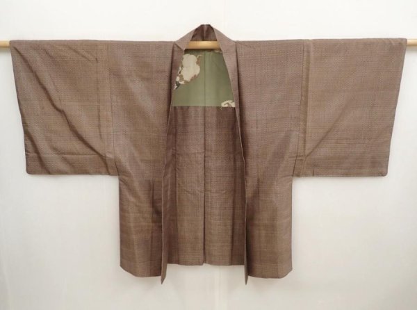 Photo6: 6723T04z410 Vintage Japanese Kimono Silk Men's HAORI Dog Light brown (6)