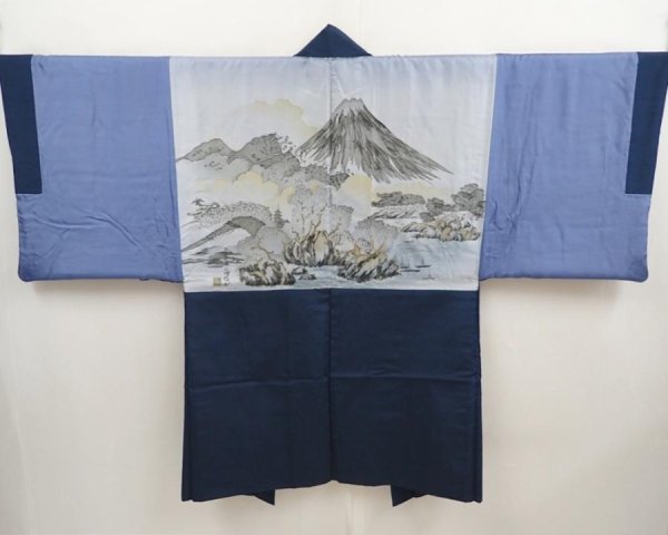 Photo1: 6723T05z580 Vintage Japanese Kimono Silk Men's HAORI Mt.Fuji Dark cyan blue (1)
