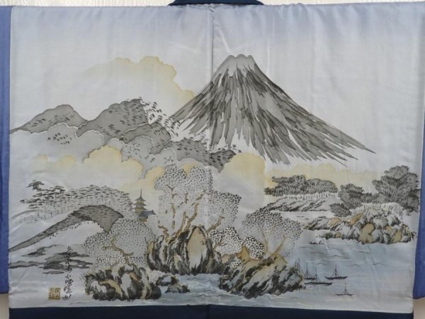 Photo2: 6723T05z580 Vintage Japanese Kimono Silk Men's HAORI Mt.Fuji Dark cyan blue (2)