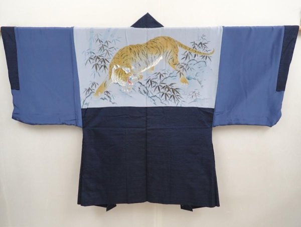 Photo1: 6723T06z460 Vintage Japanese Kimono Silk Men's OSHIMA HAORI Tiger Navy (1)