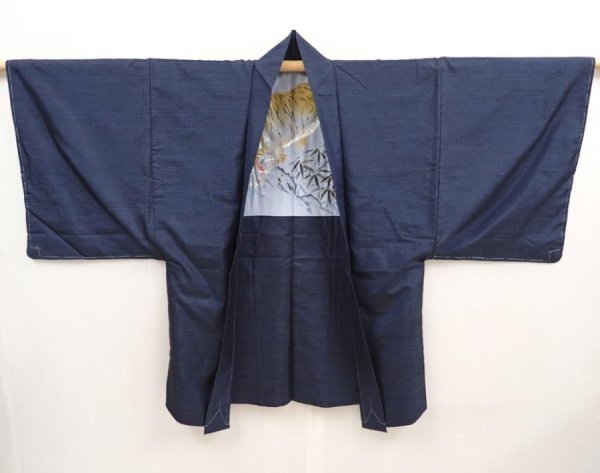 Photo5: 6723T06z460 Vintage Japanese Kimono Silk Men's OSHIMA HAORI Tiger Navy (5)