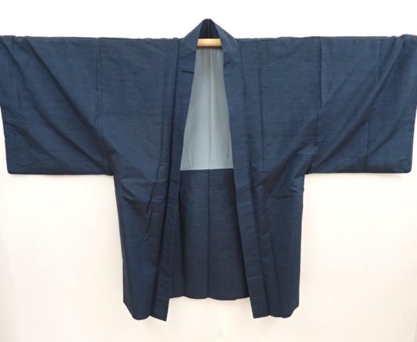 Photo3: 6723T08z590 Vintage Japanese Kimono Silk Men's HAORI Plain Dark navy (3)