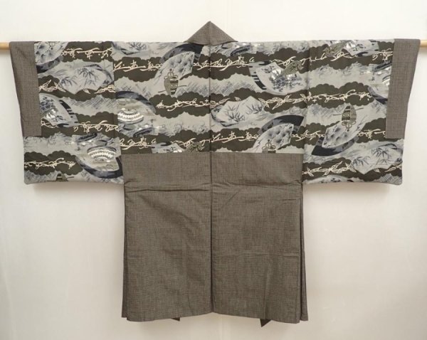 Photo1: 6723T09z650 Vintage Japanese Kimono Silk Men's HAORI  Brown-Gray (1)