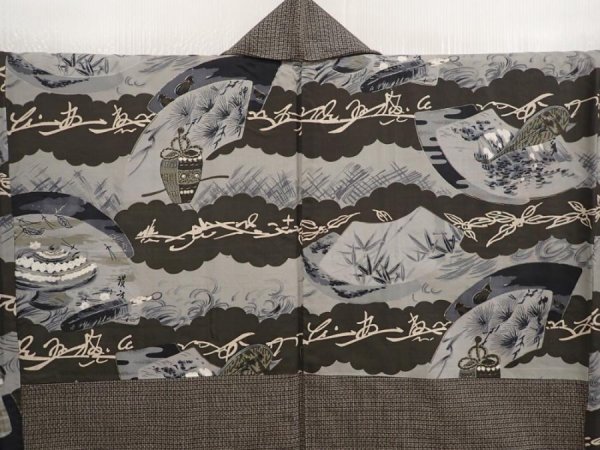 Photo2: 6723T09z650 Vintage Japanese Kimono Silk Men's HAORI  Brown-Gray (2)