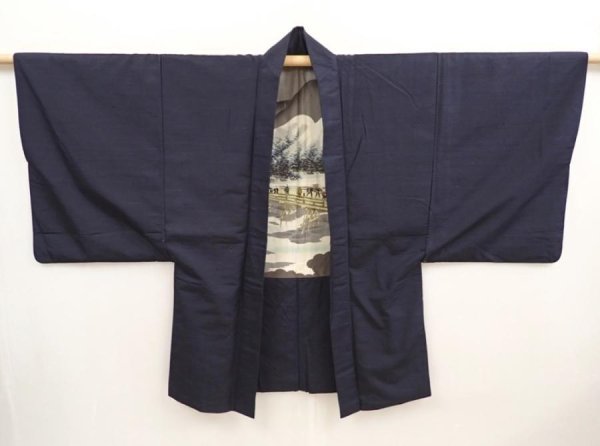 Photo5: 6723T10z650 Vintage Japanese Kimono Silk Men's HAORI Edo era Dark navy (5)