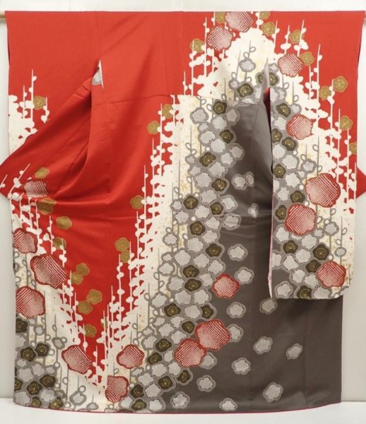 Photo1: 6723T11z1210  Japanese Kimono Silk FURISODE Flower Dark red (1)