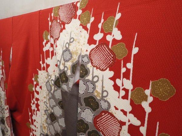 Photo2: 6723T11z1210  Japanese Kimono Silk FURISODE Flower Dark red (2)