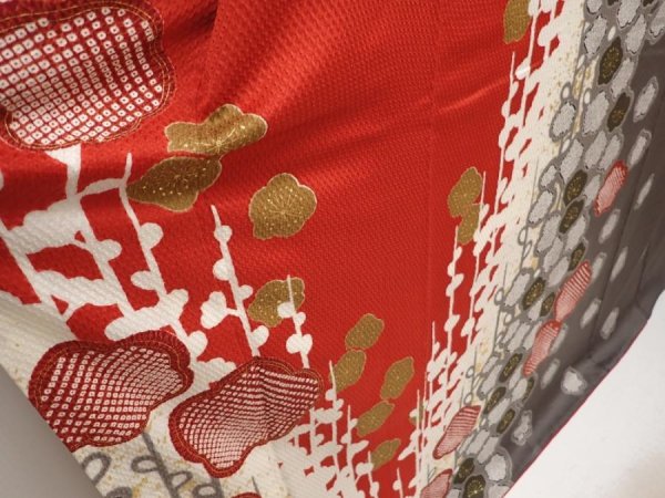 Photo3: 6723T11z1210  Japanese Kimono Silk FURISODE Flower Dark red (3)