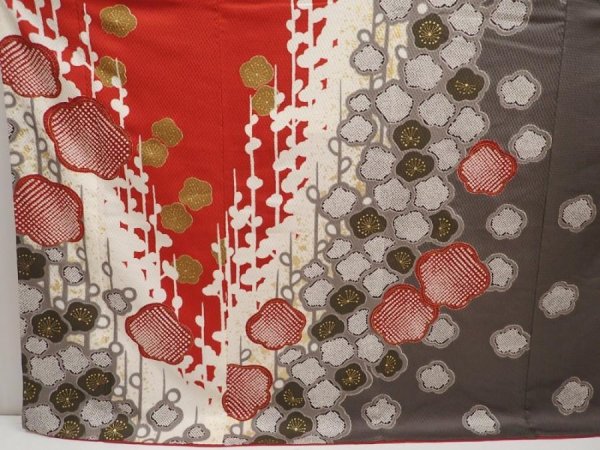 Photo5: 6723T11z1210  Japanese Kimono Silk FURISODE Flower Dark red (5)