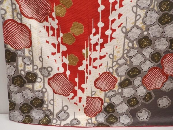 Photo6: 6723T11z1210  Japanese Kimono Silk FURISODE Flower Dark red (6)