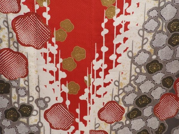 Photo8: 6723T11z1210  Japanese Kimono Silk FURISODE Flower Dark red (8)