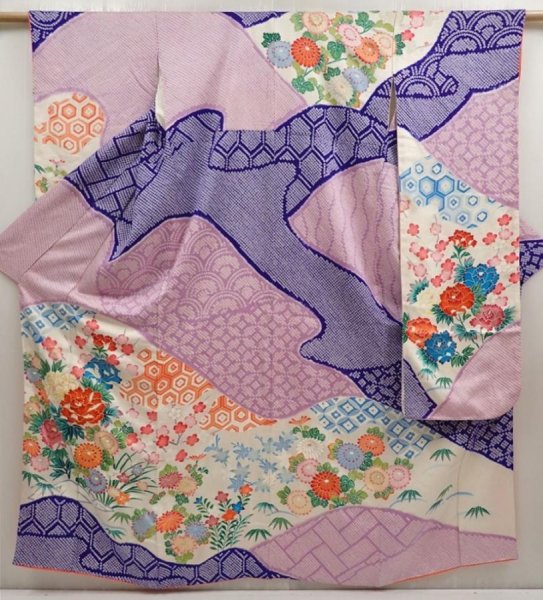 Photo1: 6723T12z1130 Vintage Japanese Kimono Silk FURISODE Flowers Light purple (1)