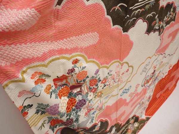 Photo3: 6723T13z1180 Vintage Japanese Kimono Silk FURISODE Flowers Off-white (3)