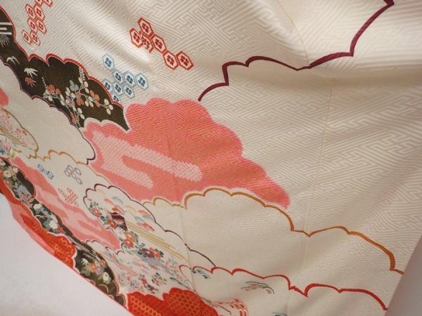 Photo4: 6723T13z1180 Vintage Japanese Kimono Silk FURISODE Flowers Off-white (4)