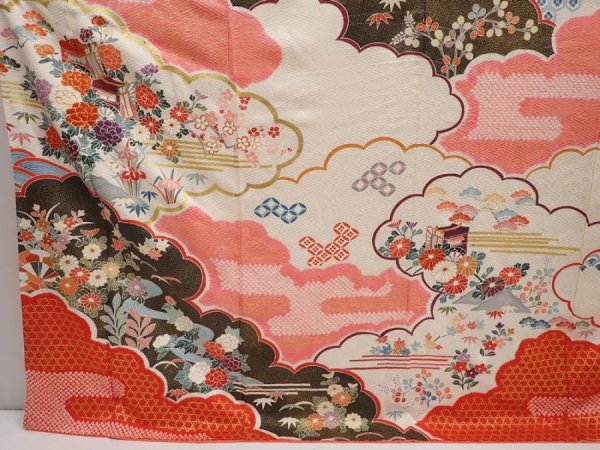 Photo5: 6723T13z1180 Vintage Japanese Kimono Silk FURISODE Flowers Off-white (5)