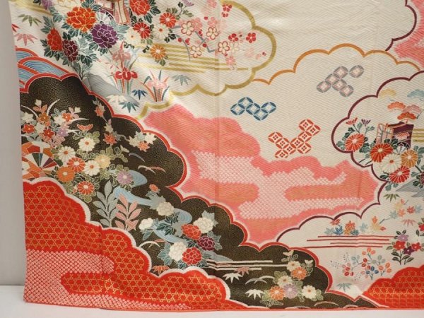 Photo6: 6723T13z1180 Vintage Japanese Kimono Silk FURISODE Flowers Off-white (6)