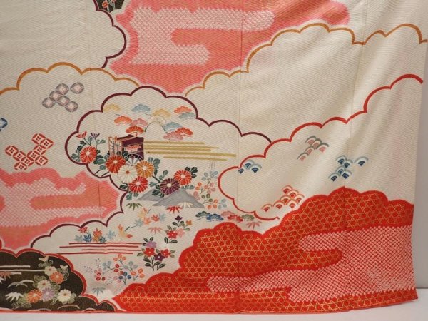 Photo7: 6723T13z1180 Vintage Japanese Kimono Silk FURISODE Flowers Off-white (7)