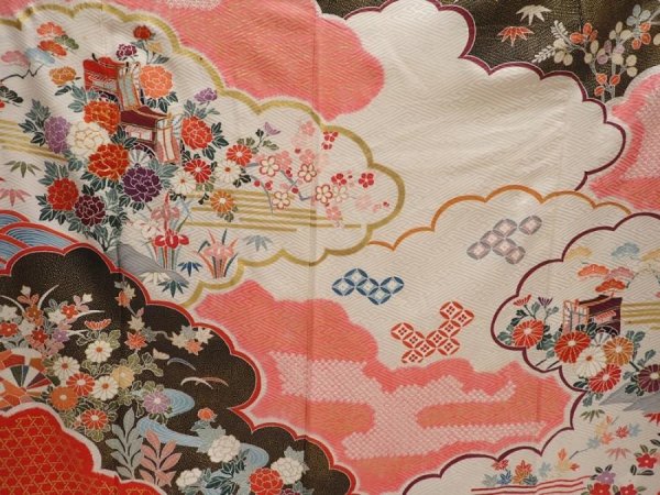 Photo8: 6723T13z1180 Vintage Japanese Kimono Silk FURISODE Flowers Off-white (8)
