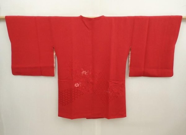 Photo1: 6724T01z560 Vintage Japanese Kimono Silk HAORI COAT Flower Red-Pink (1)
