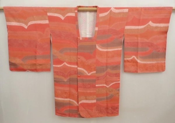 Photo5: 6724T02z580 Vintage Japanese Kimono Silk HAORI COAT  Coral pink (5)