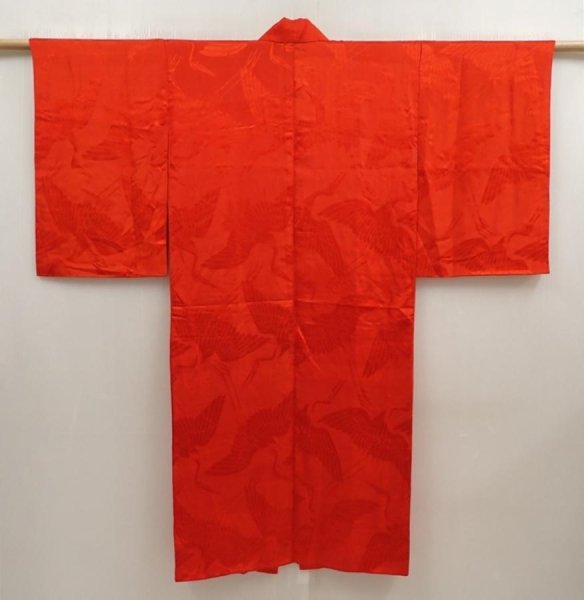 Photo1: 6724T03z370 Vintage Japanese Kimono Silk JUBAN Flying crane Red (1)