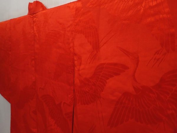 Photo2: 6724T03z370 Vintage Japanese Kimono Silk JUBAN Flying crane Red (2)
