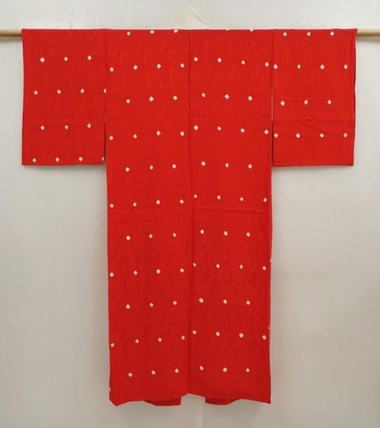 Photo1: 6724T04z520 Vintage Japanese Kimono Silk JUBAN Chrysanthemum Red (1)