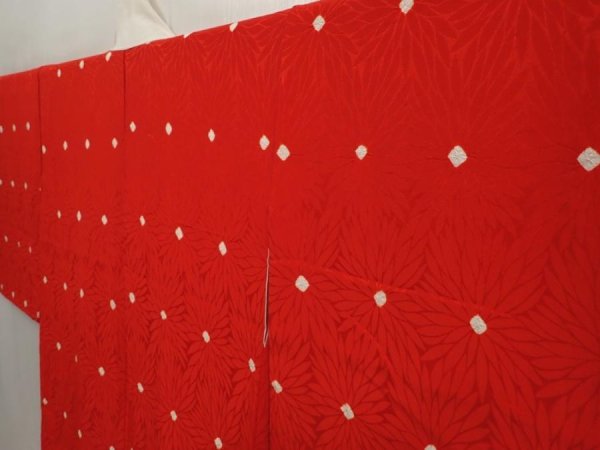 Photo2: 6724T04z520 Vintage Japanese Kimono Silk JUBAN Chrysanthemum Red (2)