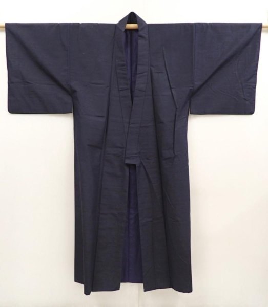 Photo6: 6724T07z1050 Vintage Japanese Kimono Silk Men's  Plain Dark navy (6)