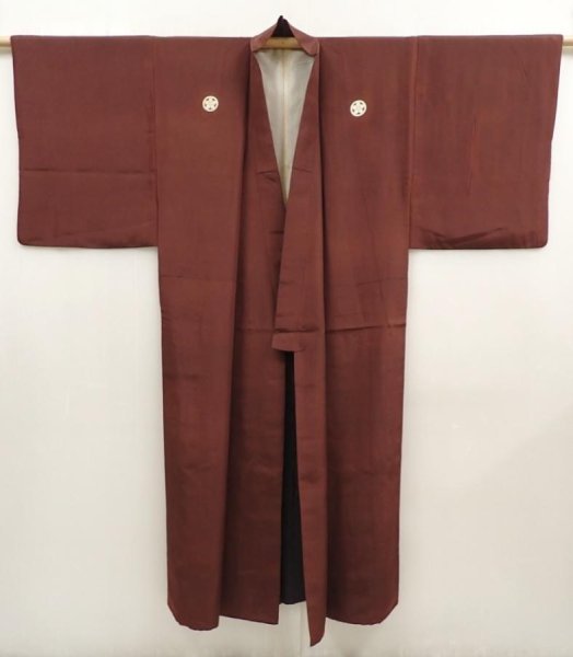Photo6: 6724T08z570 Vintage Japanese Kimono Silk Men's  Plain Brown (6)
