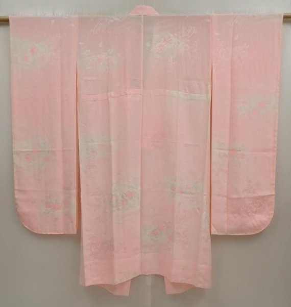 Photo1: 6724T11z610 Vintage Japanese Kimono Silk FURISODE JUBAN Flower cart Pink (1)